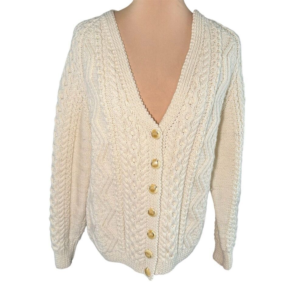 Handknit SZ M Womens Ivory Chunky Cable Knit Fisherman Wool Cardigan Grandmacore